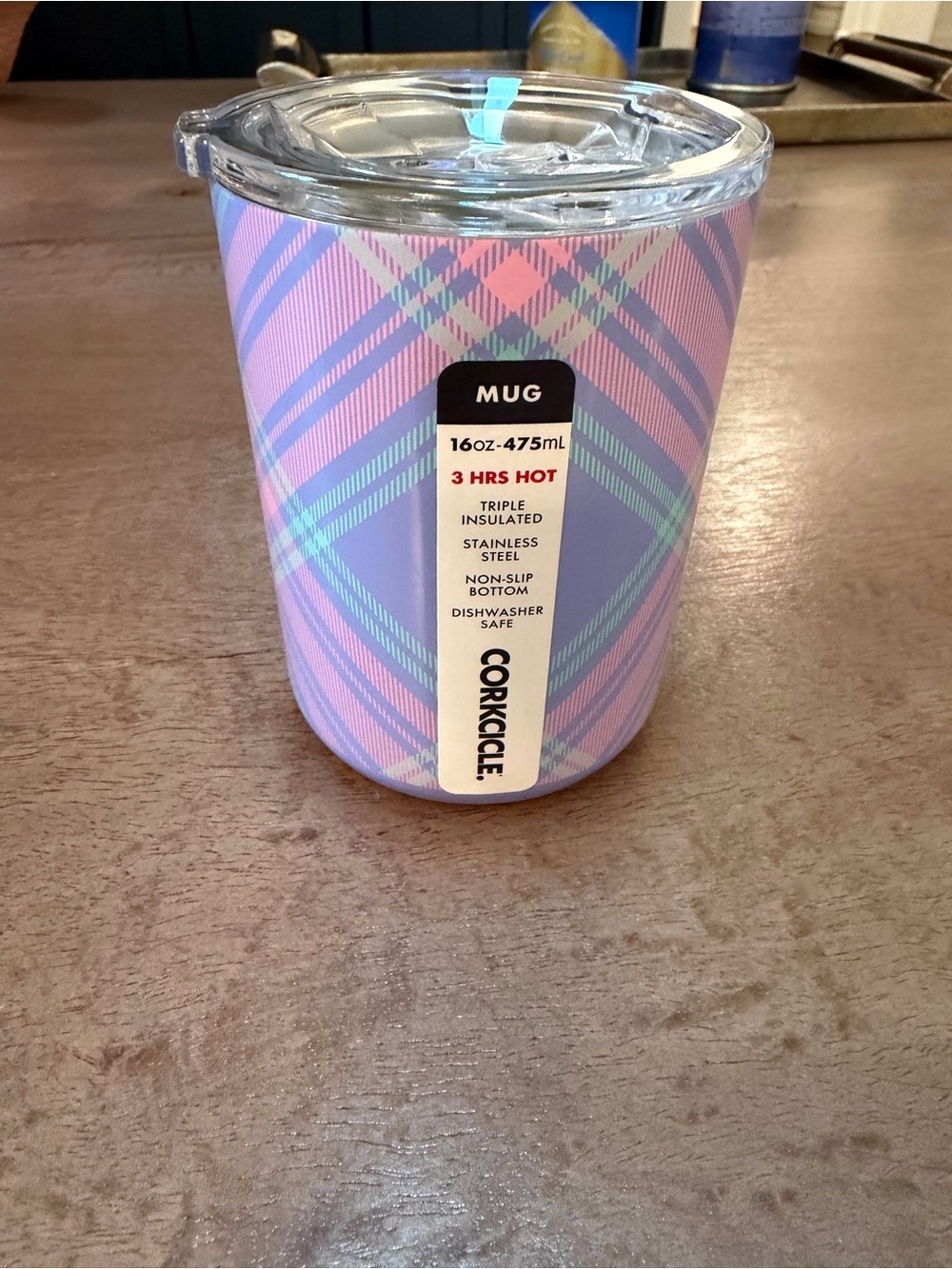 Corkcicle 16oz Insulated Mug in Pink, Lavender & Mint Plaid